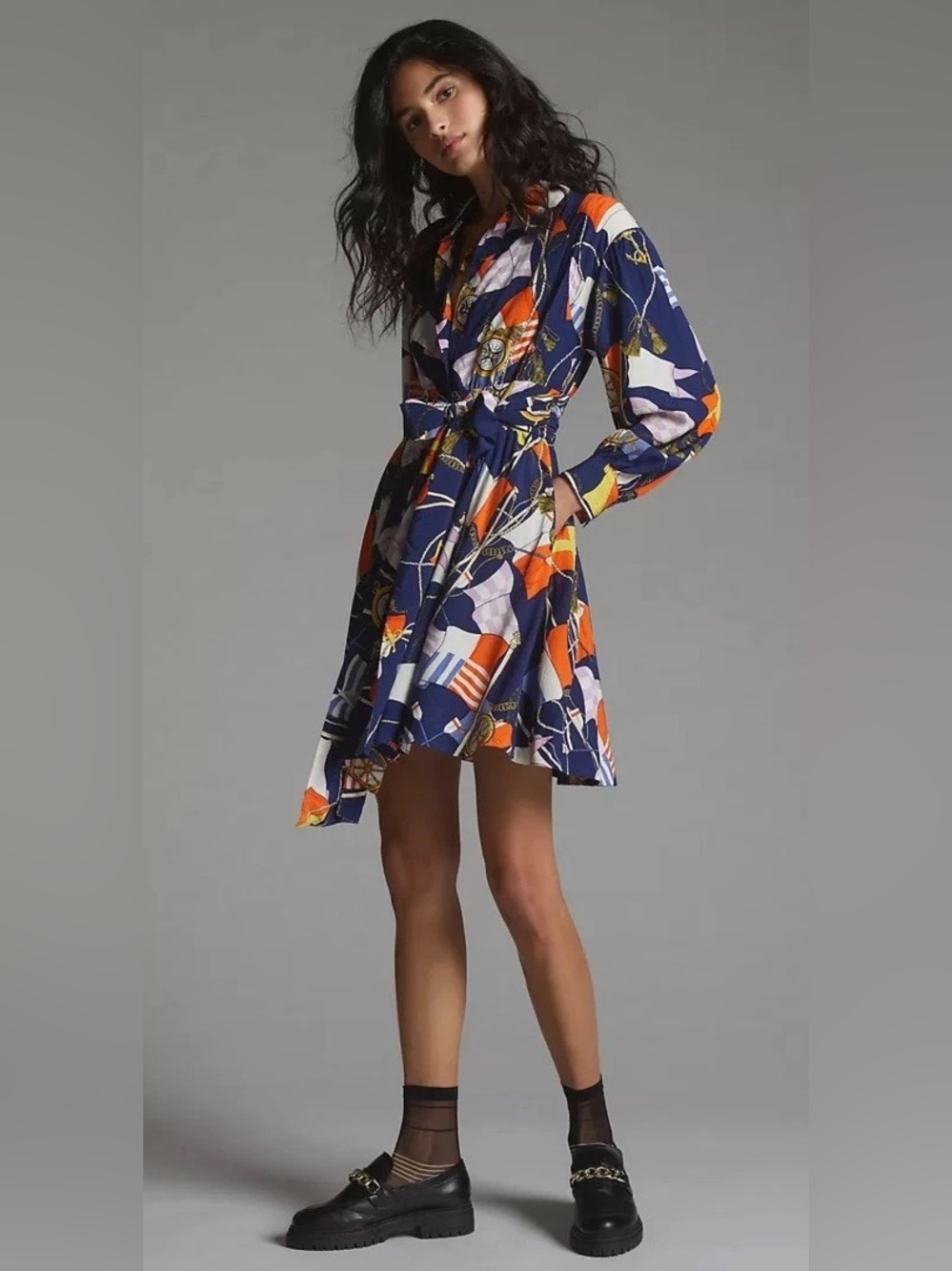 Anthropologie Maeve Mini Shirt Dress Size XS Navy Nautical Sailor Boat